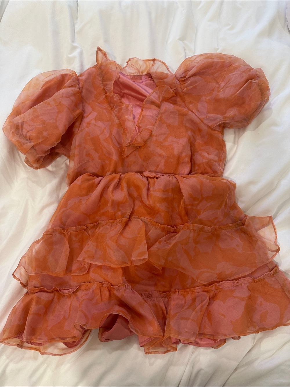 Ruffled Orange Puff Sleeve Mini Dress